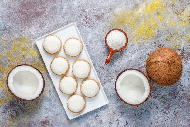 Coconut marshmallow cookies with half coconut,top view