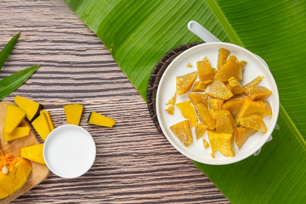 Coconut Milk Stewed Pumpkin in white bowl