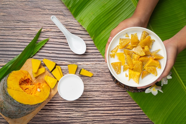 Coconut Milk Stewed Pumpkin in white bowl