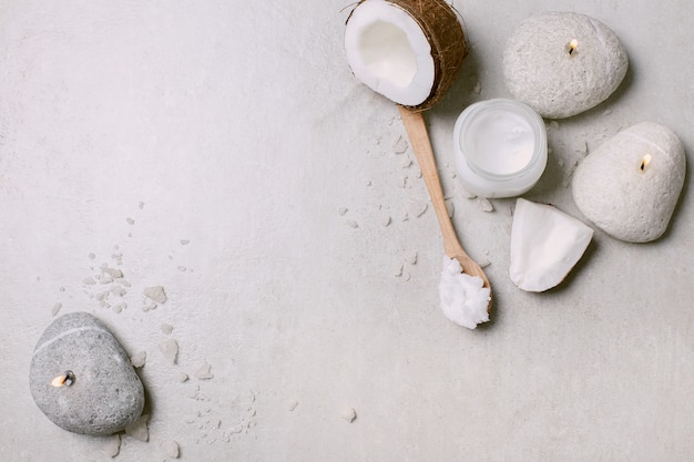 Coconut oil, candles and towels