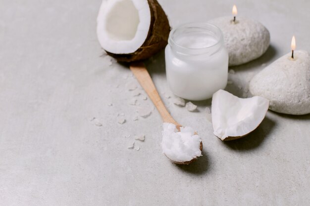 Coconut oil, candles and towels