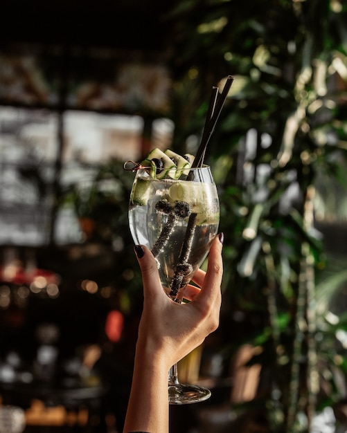 Coctail with slice of cucumber and blackberries