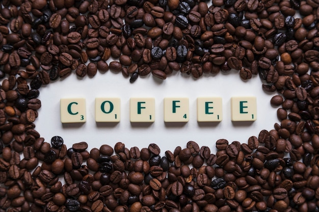 Coffee beans around writing