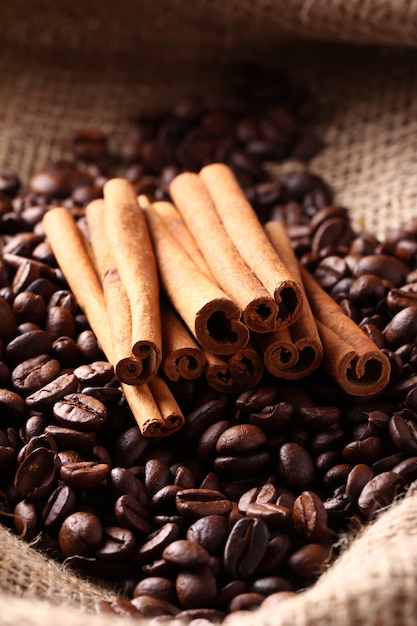 Free Photo coffee beans and cinnamon sticks