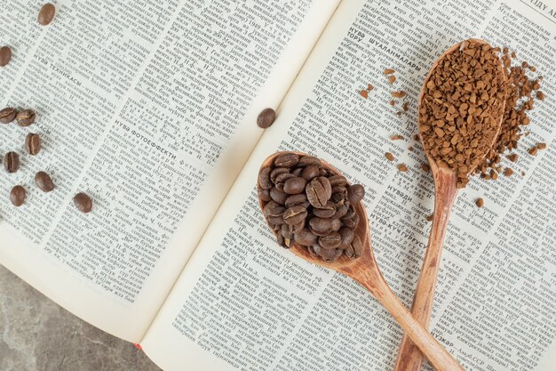 Coffee beans and ground coffee on open book