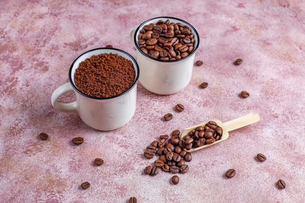 Coffee beans and ground powder.