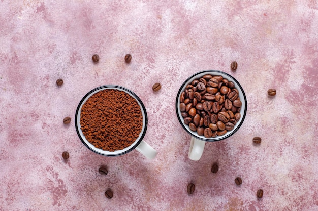 Coffee beans and ground powder.