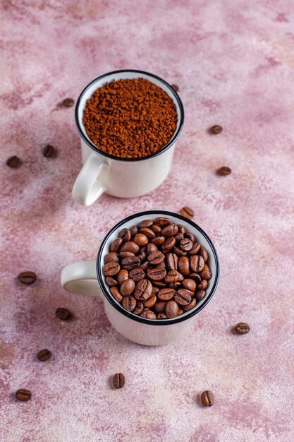 Coffee beans and ground powder.