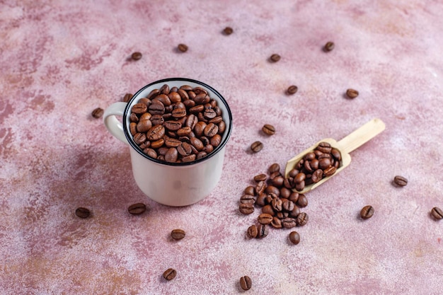 Coffee beans and ground powder.