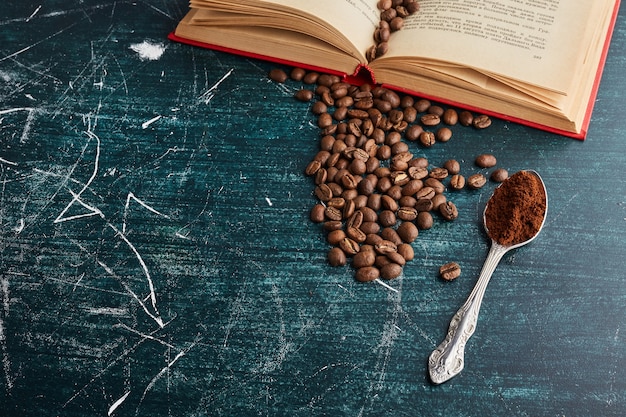 Coffee beans in a metallic spoon.