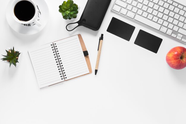 Coffee cup; cactus plant; card; apple; diary and pen on white backdrop