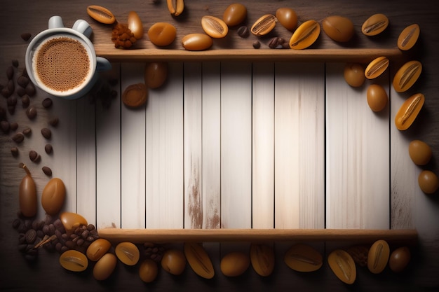 A coffee cup and coffee beans on a wooden tray