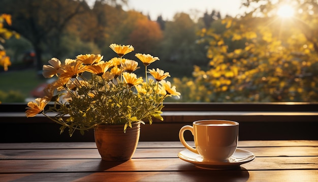 Free Photo coffee cup on wooden table with yellow flower in vase generated by artificial intelligence