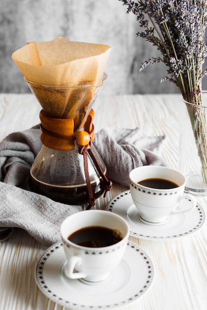 Coffee cups arrangement on table