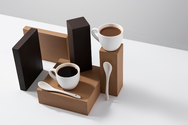 Free photo coffee cups and wooden boards arrangement high angle