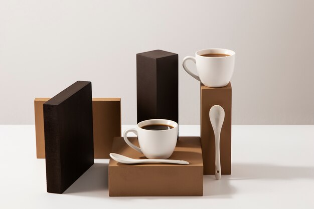 Coffee cups and wooden boards assortment