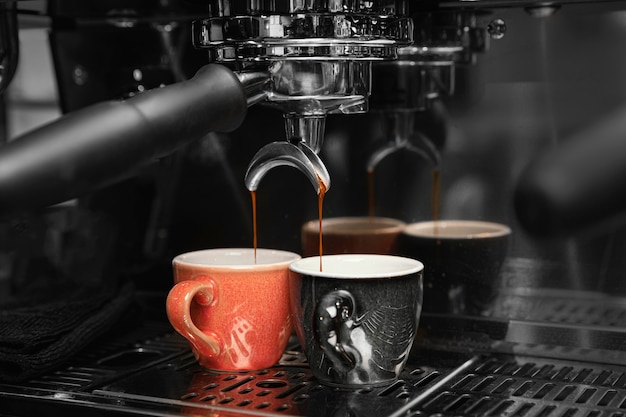 Coffee making with machine and cups