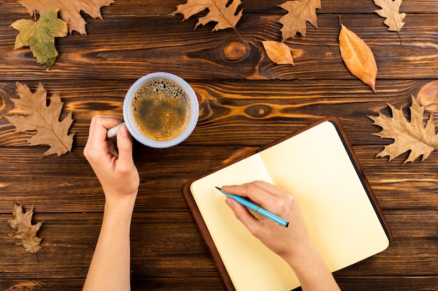 Coffee and notebook on autumn leaves background