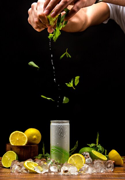 Cold beverage with mint and lemon