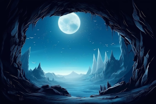 Free Photo cold blue wasteland landscape and moon visible from cave generative ai