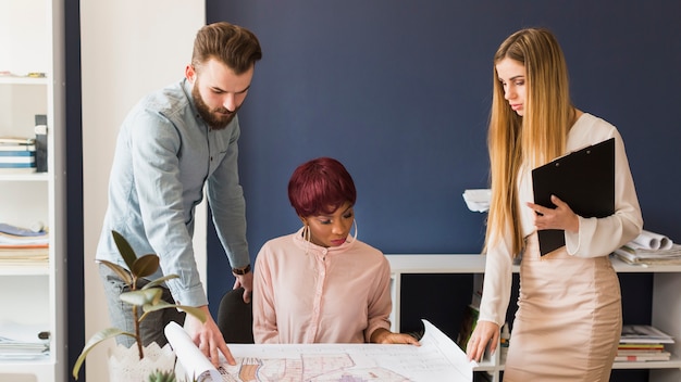 Free photo colleagues examining blueprint