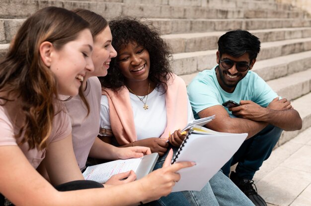 Colleagues studying together in front of their college