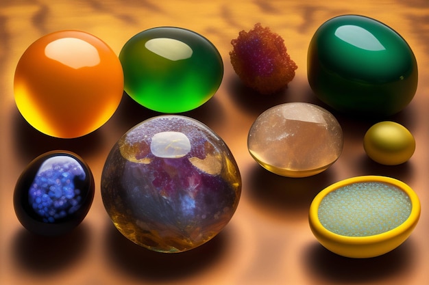 A collection of colored glass balls on a table