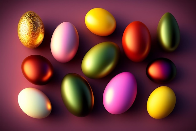 Free photo a collection of colorful easter eggs on a purple background