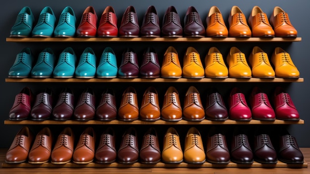 Free photo collection of colorful shoes neatly lined up on wooden shelves