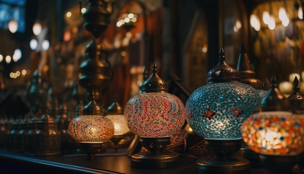 A collection of lamps in a store with a dark background