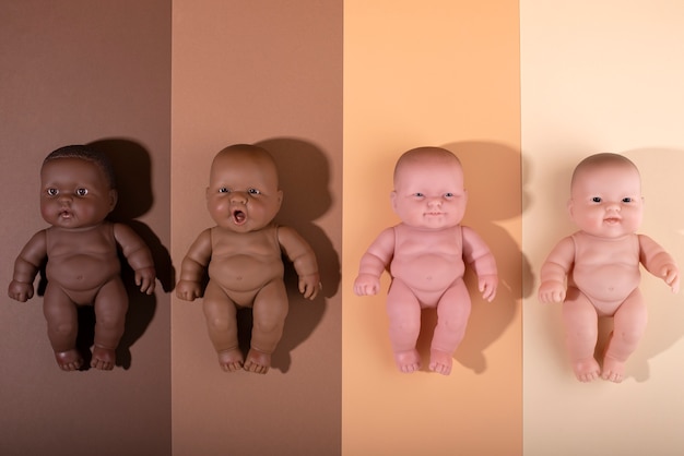 Free Photo collection of plastic baby dolls for children with diverse skin colors