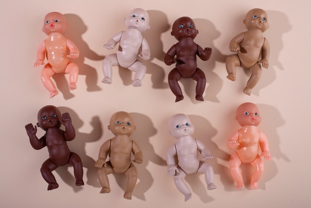 Free photo collection of plastic baby dolls for children with diverse skin colors