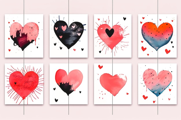 Free photo a collection of templates with handdrawn watercolor hearts