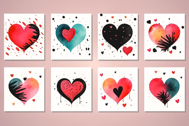 Free photo a collection of templates with handdrawn watercolor hearts