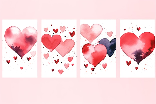 A collection of templates with watercolordrawn hearts for cards