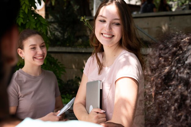 College girls studying together