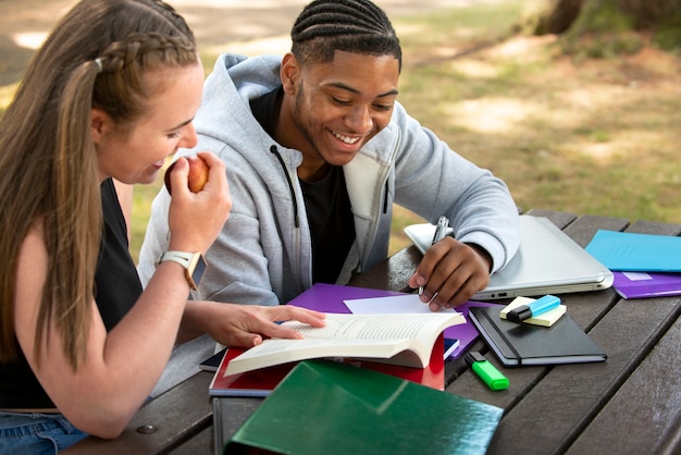 College students cramming outdoor