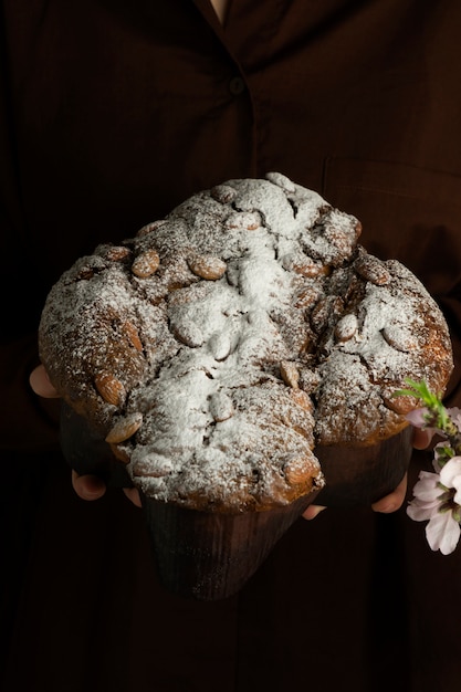 Colomba with almonds and flowers high angle