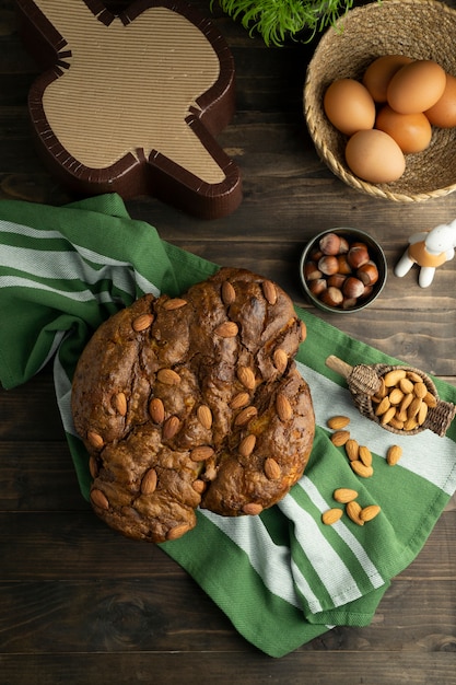 Colomba with chocolate and almonds top view