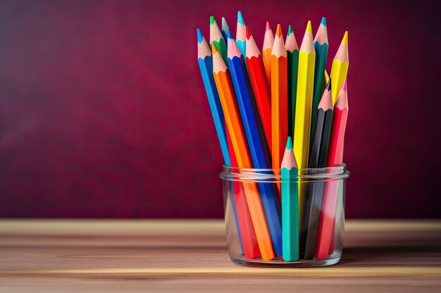 Colored pencils for school on wooden table with copy space Ai generative