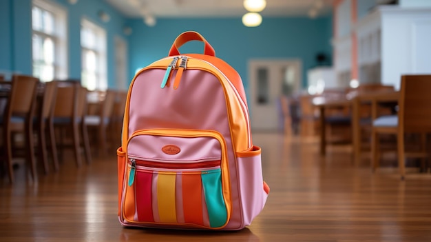 Colorful backpack ready for school in a classroom