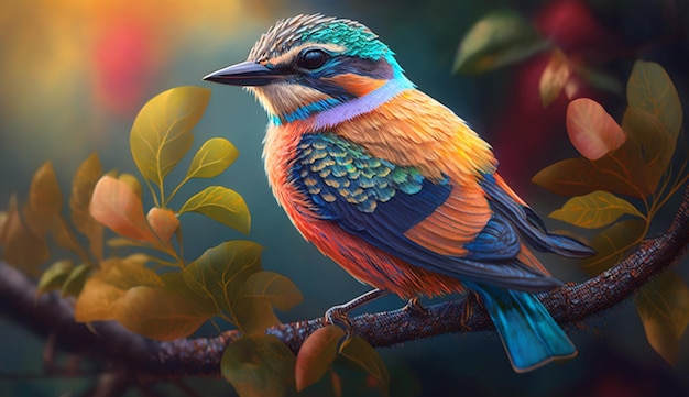 A colorful bird sits on a branch in the forest.