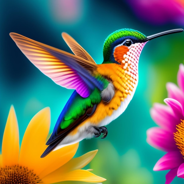 Free photo a colorful bird with a green head and orange wings is flying in front of a colorful flower.