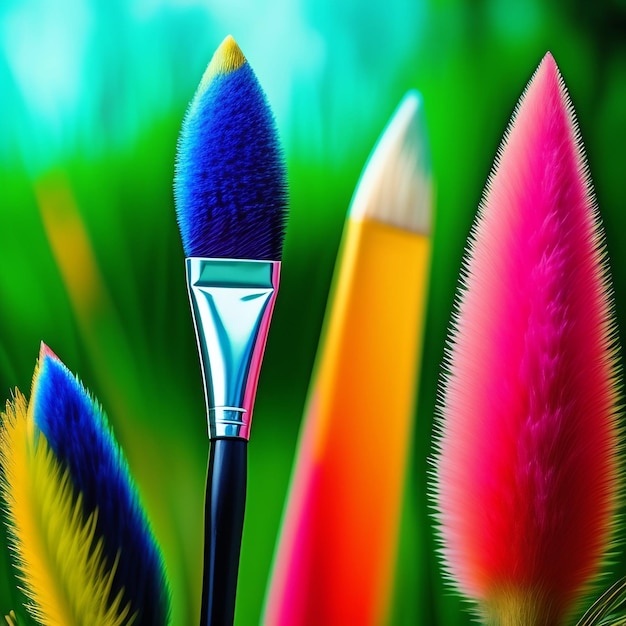 A colorful brush with a brush on it and a feather behind it.