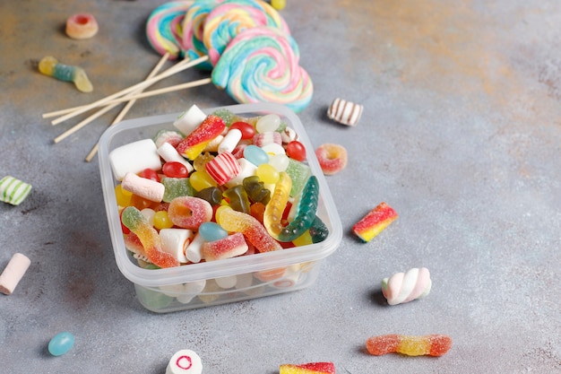 Free photo colorful candies, jelly and marmalade,unhealthy sweets.