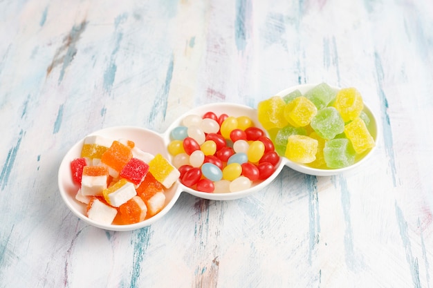 Colorful candies, jelly and marmalade,unhealthy sweets.