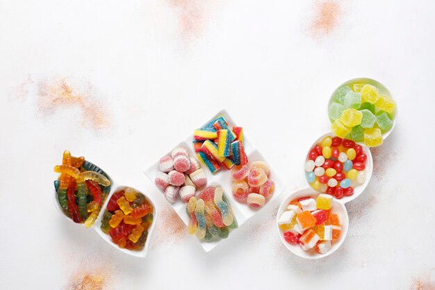 Colorful candies, jelly and marmalade,unhealthy sweets.