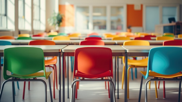 Free photo colorful chairs surround tables in bright vibrant classroom