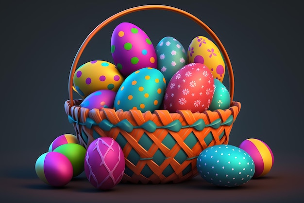 Colorful easter eggs in a basket with bright happy colors