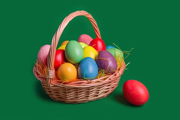 Free photo colorful easter eggs into a basket and green background